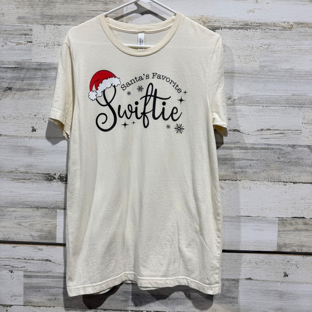 Bella Canvas T-Shirt Women Medium Cream Santa Favorite Swiftie Holiday EUC